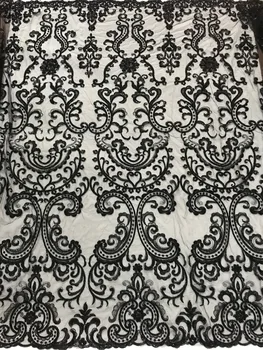 

on sale high quality black pearls beads embroidery lace fabric PWD1871104 African guipure lace fabric for party