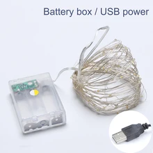 USB Батарея управляемая led серебристо-медный провод шнура светильник Звездная Фея светильник Рождественский светильник 5 м/7 м/10 м для свадьбы/вечерние Декор