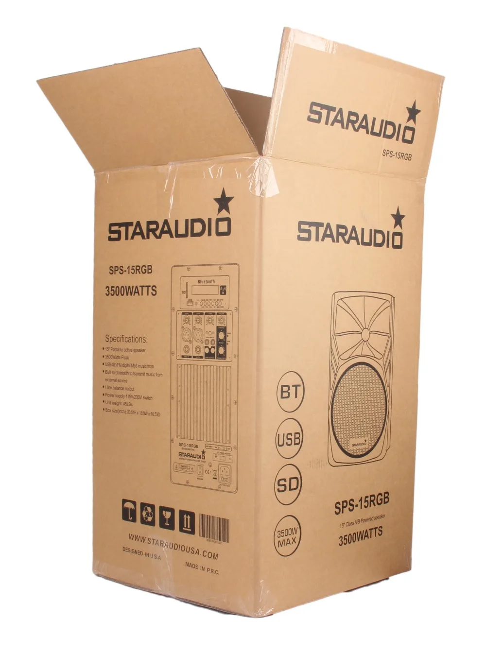 package of  pro 3500W 15inch powered pa stage speaker usb sd bluetooth led light 