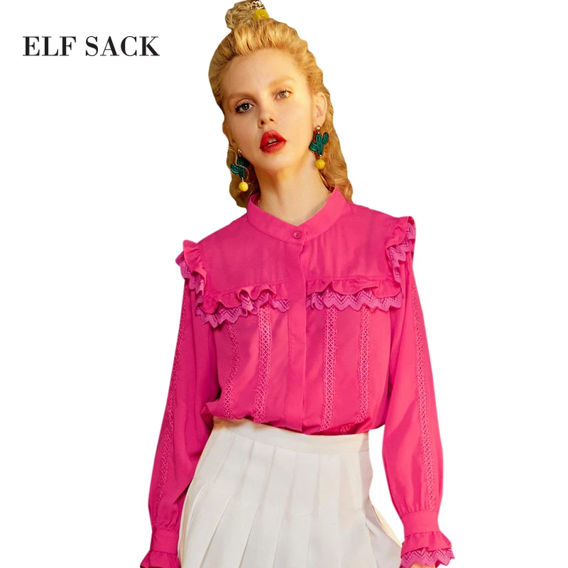 ELF SACK Autumn 2017 Vintage Women Blouses Solid Lace Stringy Selvedge High Neck Women Blouse Office Casual Patchwork Female Top