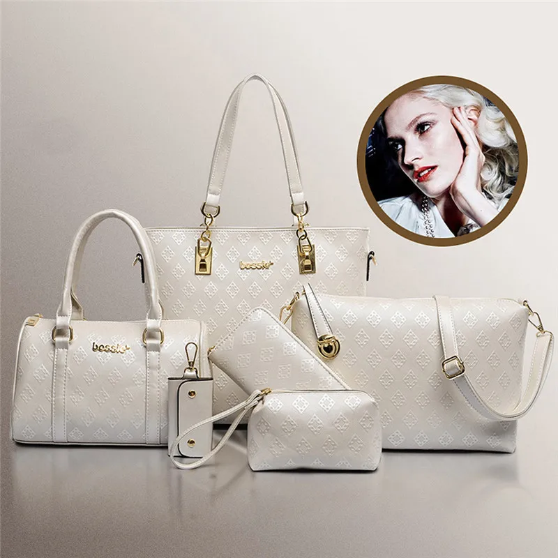 

6 Pcs / Set PU Leather Diamond lattice Print Women Handbag Shoulder Bag Wallets Purse Key Bag Set Leather Women Composite Bags