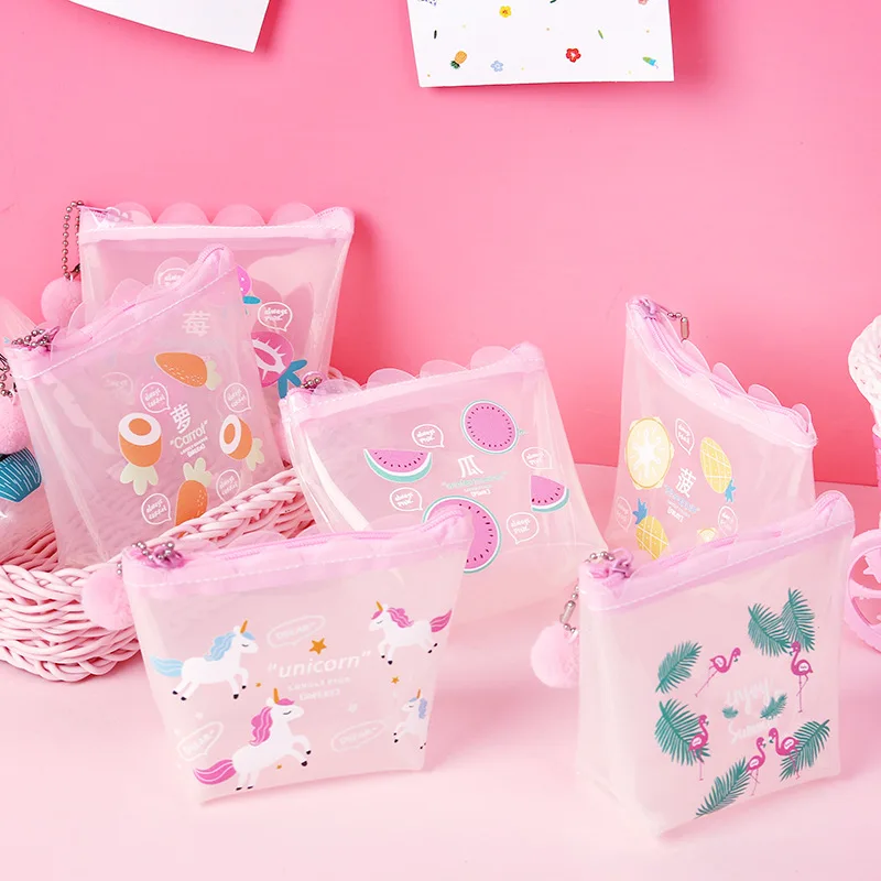 

Girls Transparent Coin Purse Pink Lolita Mini Wallet Kawaii Cat Unicorn Money Bag Women Plush Ball Pendant Small Purse Pocket