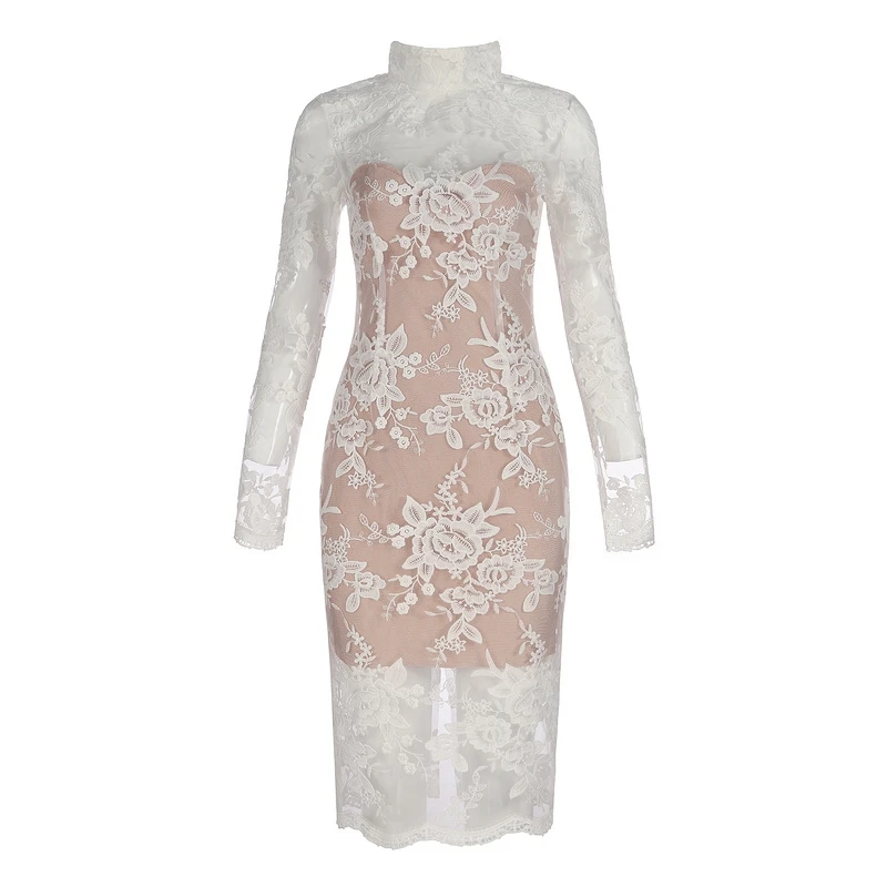 Gosexy Women White Lace Women Dress Long Sleeve Runway Celebrity Party Dress Sexy Hollow Out Midi Lace Club Dress Vestido Autumn