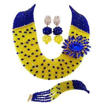 

Fashion Royal Blue Yellow African Wedding Beads Jewelry Set Nigerian Beads Crystal Necklaces Bracelet Earrings CPS-2042