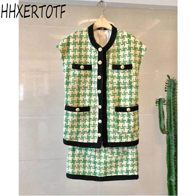 

Runway Tweed Top and Skirt Sets 2019 Houndstooth Checker Pattern Two Pieces Skirt Suit For Women Lady Trim Plaid Vest Skirt Suit