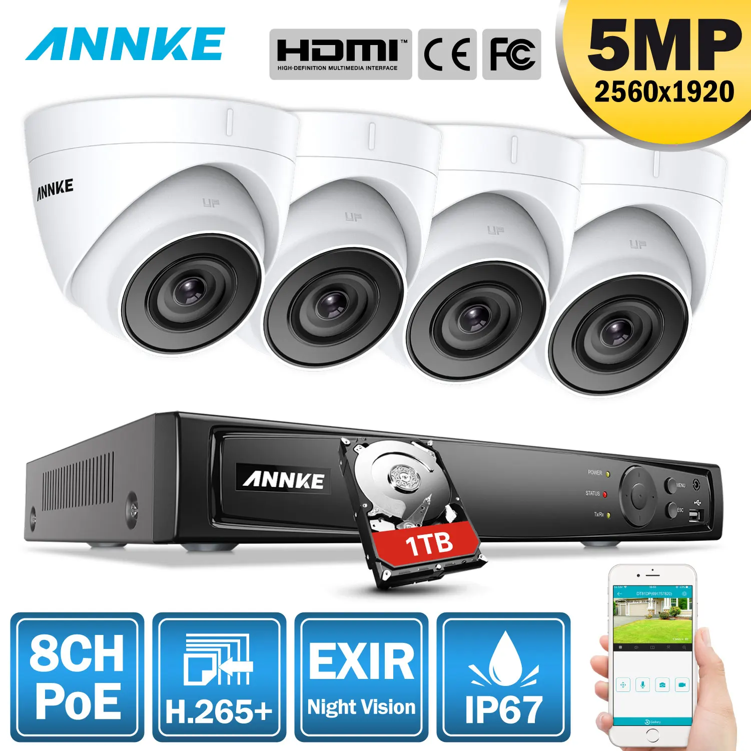ANNKE 5MP H.265+ Супер HD PoE сетевая видео система безопасности 4 шт. водонепроницаемые уличные ip-камеры с питанием по PoE Белый купол PoE камера комплект