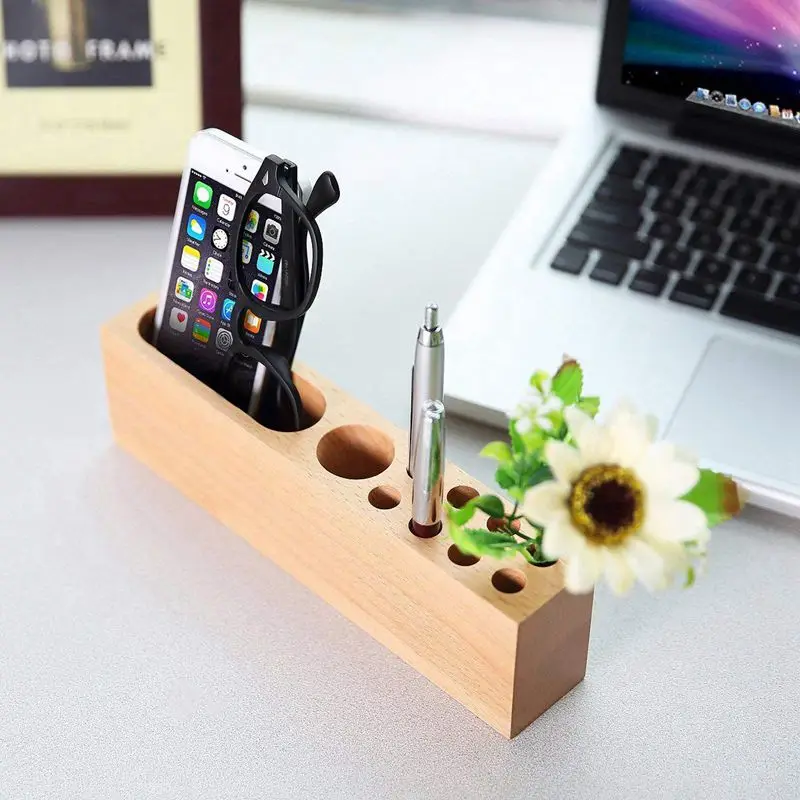 Office Supplies Desktop Storage Box Stationery Solid Wood Pen Holders,Mobile Phone Stand Wood Pen Stand 10 Slots Desk Organize