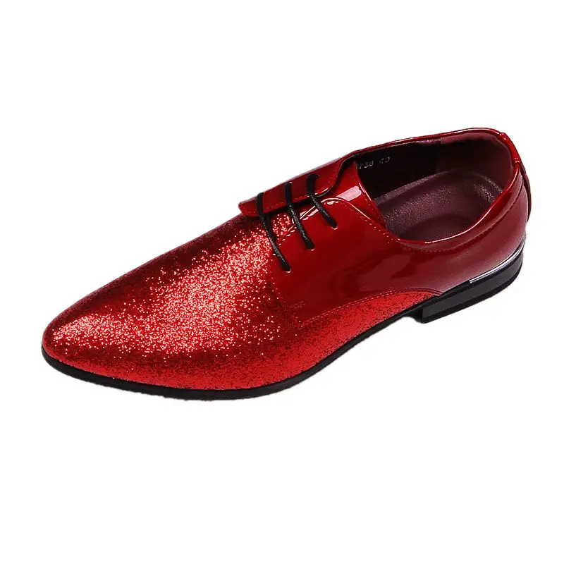Красный черный, серебристый цвет деловые туфли строгого стиля на плоской подошве Ман блеск Свадебная вечеринка платье оксфорды