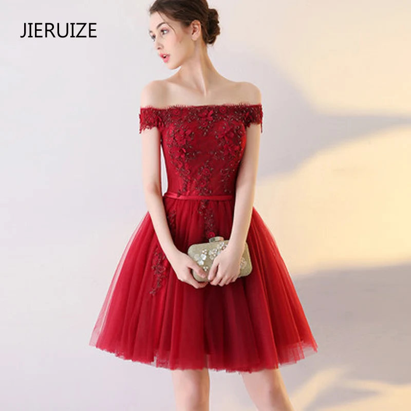 JIERUIZE Burgundy Lace Short Prom Dresses 2017 Beaded Off the Shoulder Cheap Prom Dress Short