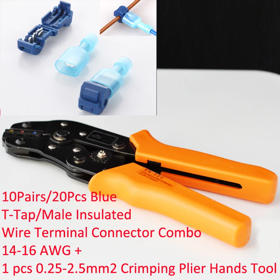 

One SN-02C in 0.25-2.5mm2 Crimping Plier Hands Tool + 10Pairs Blue T-Tap/Male Insulated Wire Terminal Connector Combo 14-16 AWG