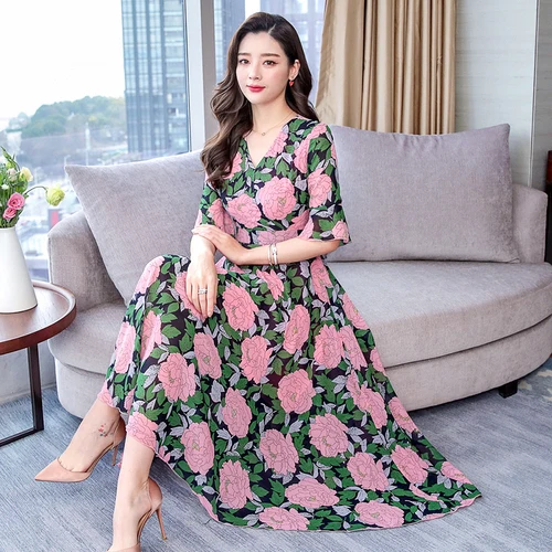 

Spring Chiffon Fashion Printed Women Beach Dress 2019 New Summer V-neck Xxxl Female Work Wear Slim Elegant Temperament Dresses