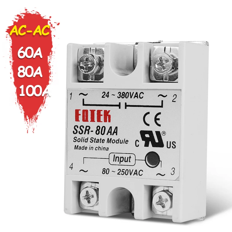 

60A 80A 100A Single Phase AC-AC Solid State Relay SSR SSR-60AA SSR-80AA SSR-100AA Voltage 80-250V 220V AC TO 24-380V AC Load