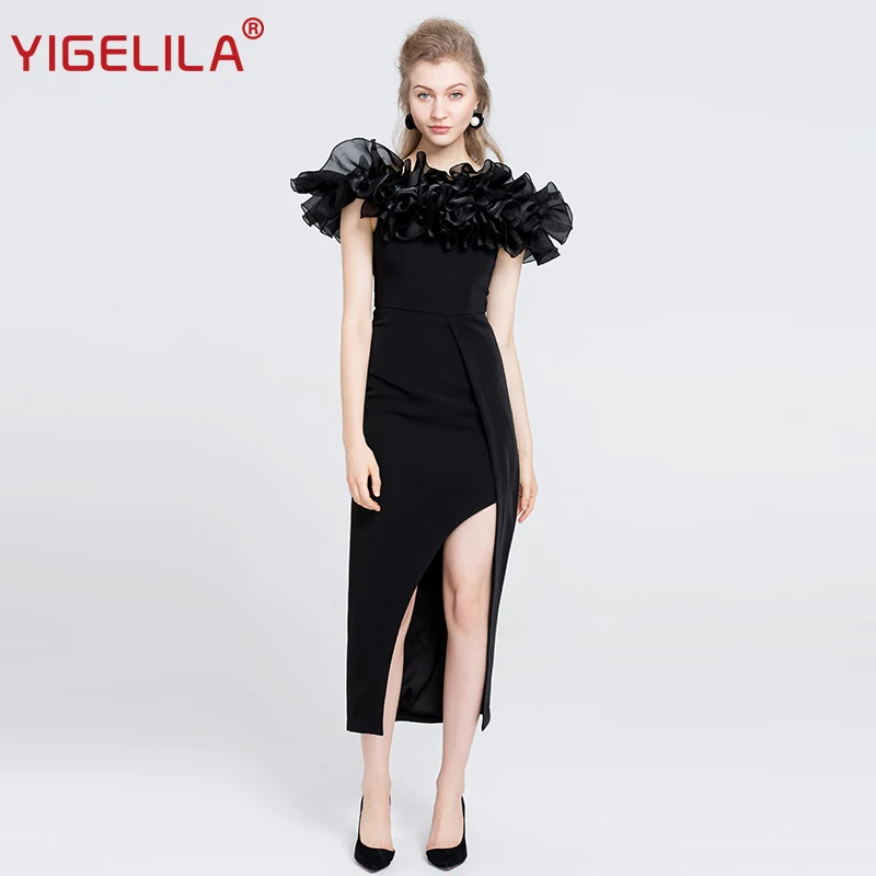 

YIGELILA Fashion Women Black Sexy Split Bodycon Dress Summer Slash Neck Spaghetti Strap Empire Ruffles Party Long Dress 63216
