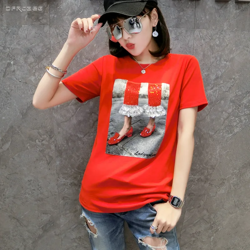 

Hot Drilling Cotton Tee Shirts With Sequins 2019 Streetwear Short Sleeve Harajuku Tshirt Woman Clothes Casual Blusas Femme Tops