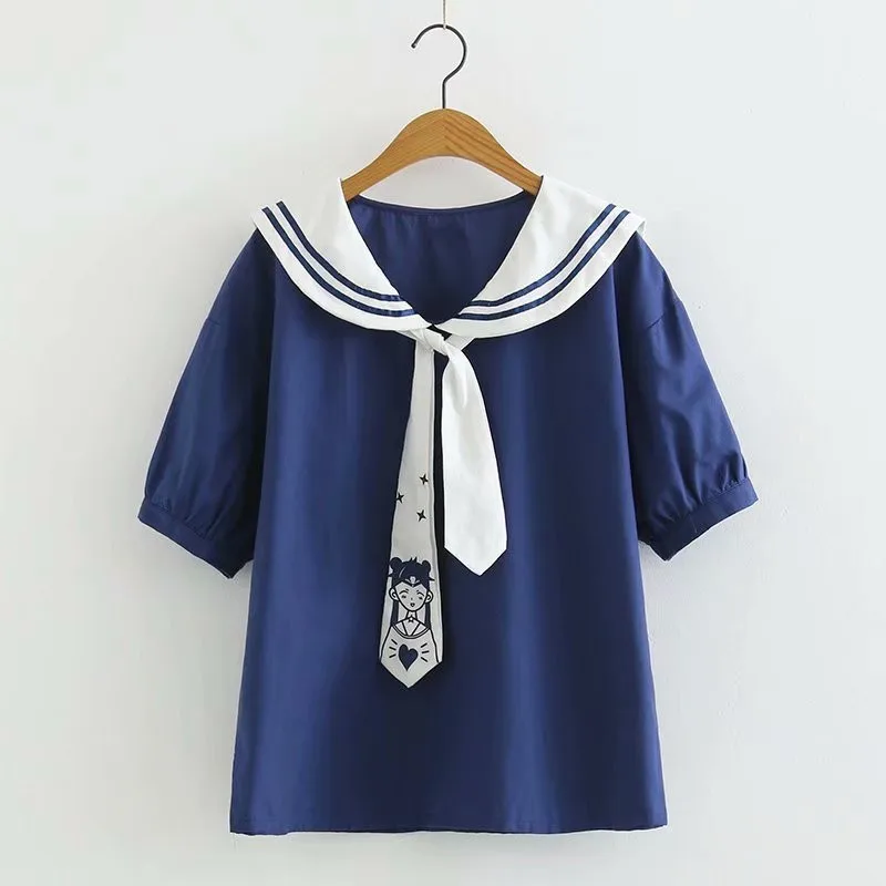 Navy blue Женские рубашки Японский Школьный консервативный стиль матросский воротник Сейлор Мун галстук с принтом летняя рубашка короткий рукав Блузки camisas - Цвет: Navy blue