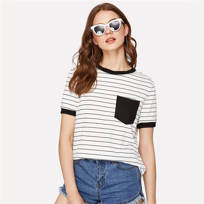 Dotfashion Black And White Patch Pocket Striped Ringer Tee Women Casual Tops Summer Short Sleeve Preppy Colorblock T-Shirt