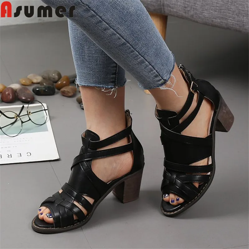 

ASUMER 2019 hot sale new summer sandals peep toe zip square high heels shoes classic gladiator sandals women big size 35-43