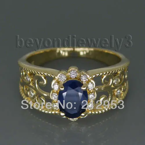 

Natural Sapphire Diamond Ring Vintage Oval 5x7mm 14Kt Yellow Gold WU018