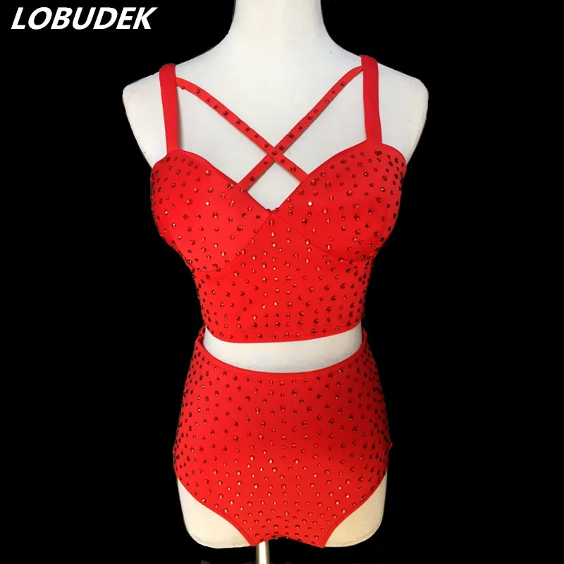 

Red Crystals Bra High-waist Shorts Sexy Bikini Set Women Dance Wear Nightclub Bar DJ Dance Teams Jazz Pole Dancing Stage Costume