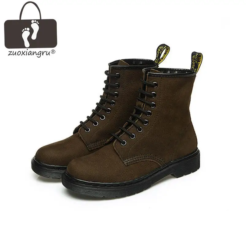 

Women Martin Boots Low Heels Suede Leather Lace Up Black Gray Brown Short Boots Ladies Winter Female Footwear Motorcycle