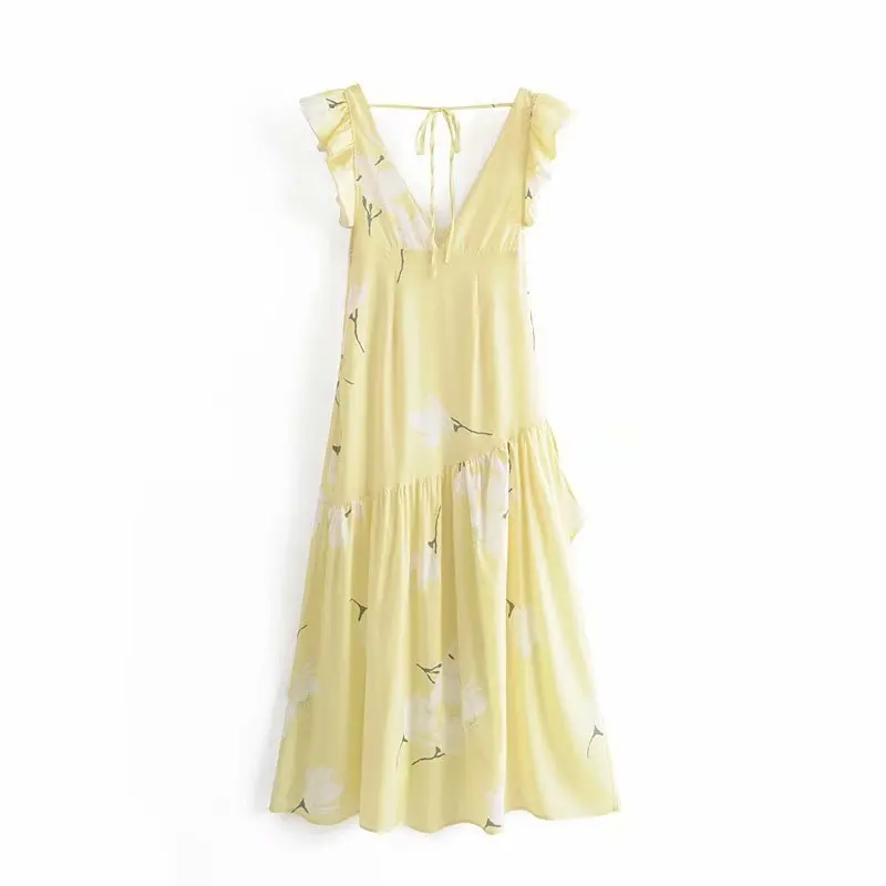 

QZ665 Fresh Light Yellow Color Ruffles Double V Neck Backless Long Dress Floral Print Vestidos