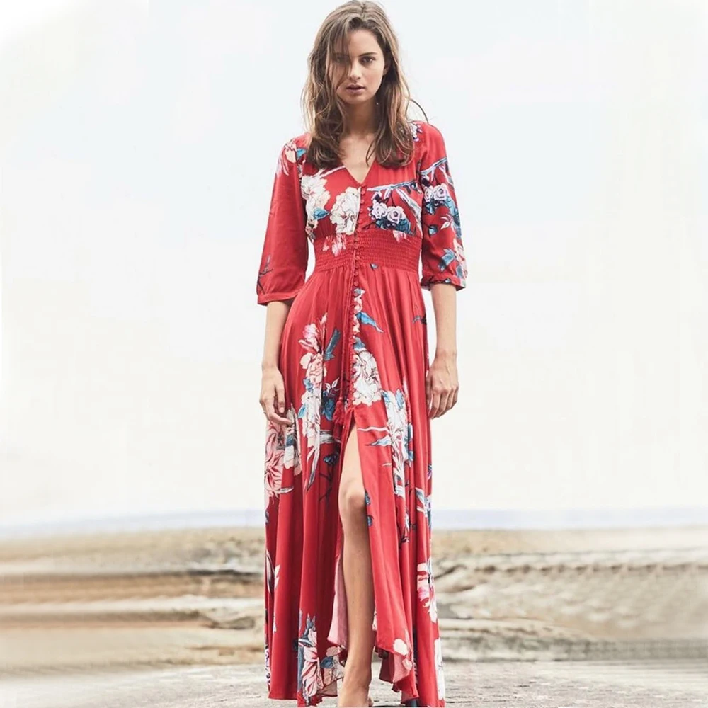 Khale Yose 2019 Red Vintage Long Maxi Floral Women Dress