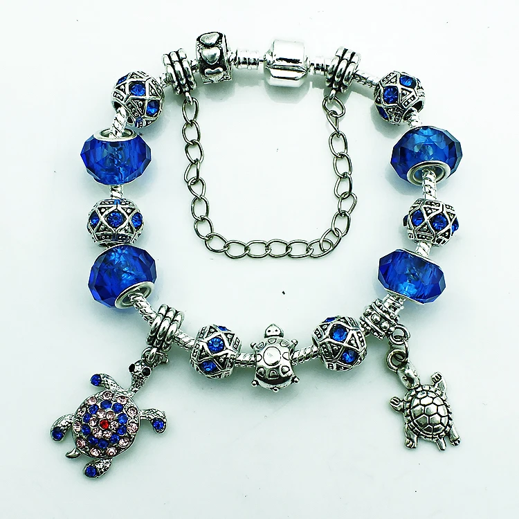 

JINGLANG Fashion Female Silver Plated Blue Rhinestone Beaded Infinity Chain Tortoise Charm Cuff Bracelets For Women DIY Jewelry