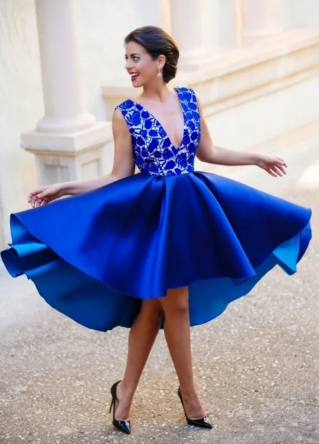 Royal Blue 2018 Elegant Cocktail Dresses A-line V-neck Knee Length Lace Backless Party Plus Size Homecoming Dresses