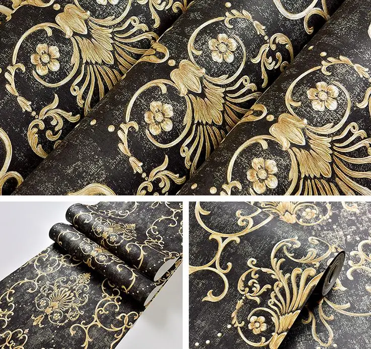 Vintage Nero E Oro Carta Da Parati Damascata Rotolo Sfondo Decor Damask Wallpaper Gold Damask Wallpaperwallpaper Roll Aliexpress