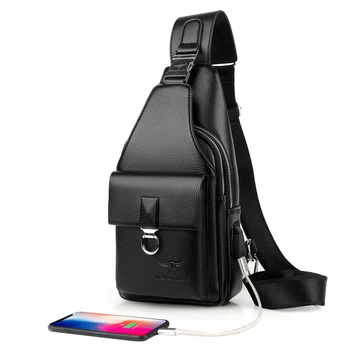 

High Quality Man's Messenger Bag PU leather Chest Bags Vintage Sling Chest Back Day Pack Male Charging Handbag With USB Charge