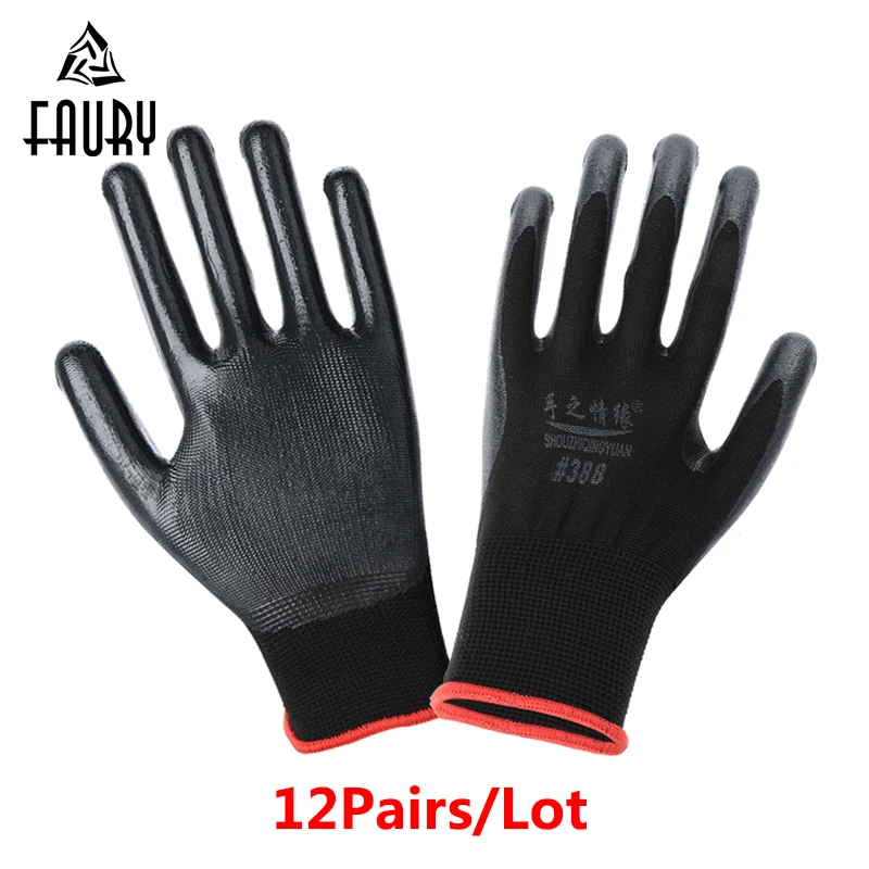 

New Wholesale 12Pair/Lot 13-pin Dipped Protective Gloves Anti-cut Industrial Safety Gloves Workshop Worker's Labor Gloves