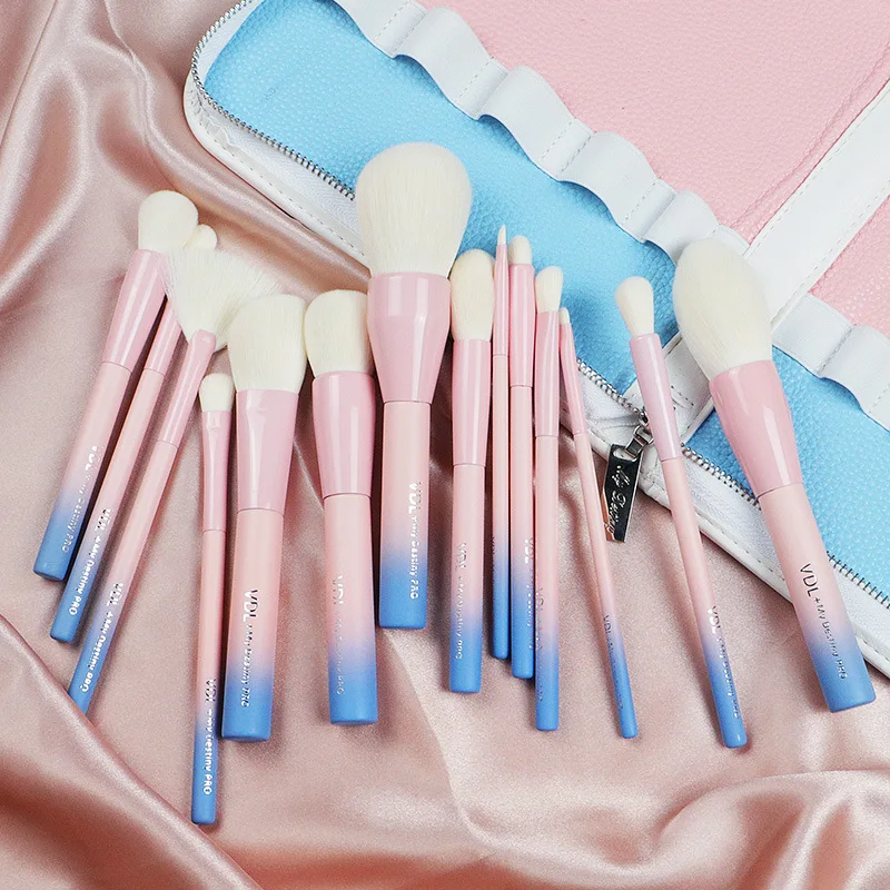 

Gradient Color Professional Makeup Brushes Set Pro 14pcs Cosmetic Brush Kit with Leather Bag Pink Yellow