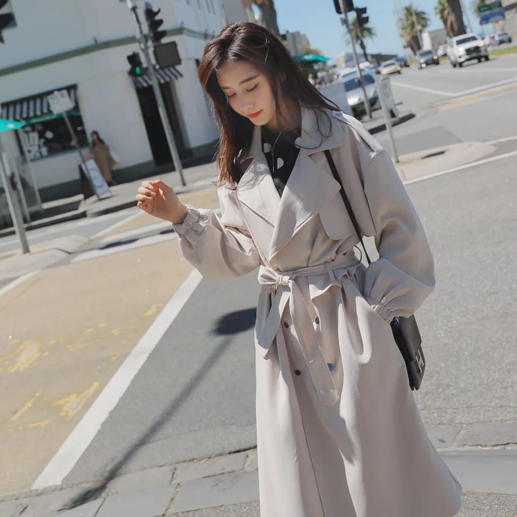 Pruning Feeling Ol Rice Apricot Double Buckling Belt Belt Suit Collared Windbreaker Jacket Women Spring 2019 Long Coat Woman