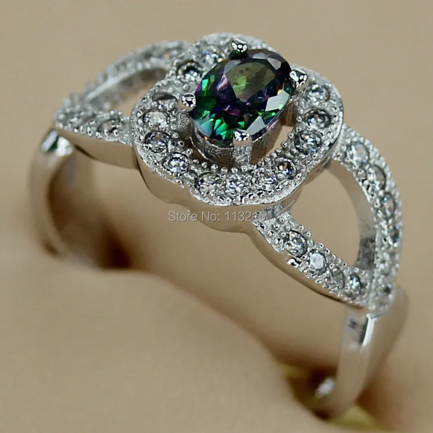 

Fleure Esme Charm White and Rainbow Cubic Zirconia Jewelry Silver Plated Ring R3145 sz#6 7 8 9 Romantic Style Women Jewelry Gift
