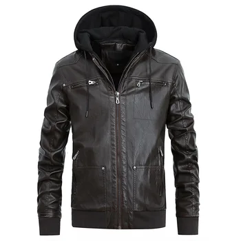 

Leather Jacket Hooded Mens Biker Motorcycle Jackets Autumn Winter Coats Faux Leather Tops Warm Outerwear Overcoat New Fashion