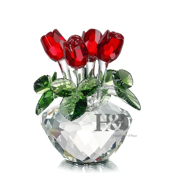 

H&D Red Rose Figurine Ornament Spring Bouquet Crystal Glass Flowers Gift-Boxed