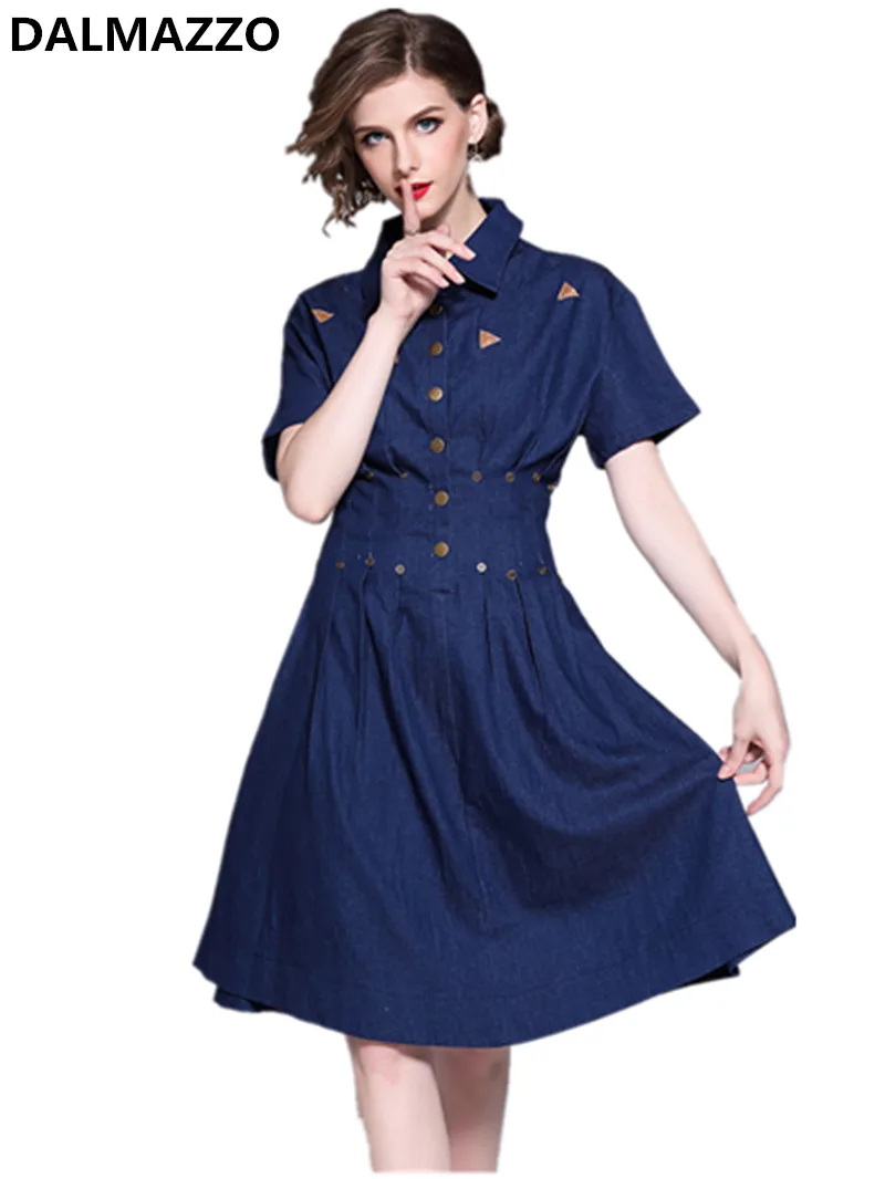 Summer Dress 2018 Newest Blue Women Fashionable Lapel Button Slim Big