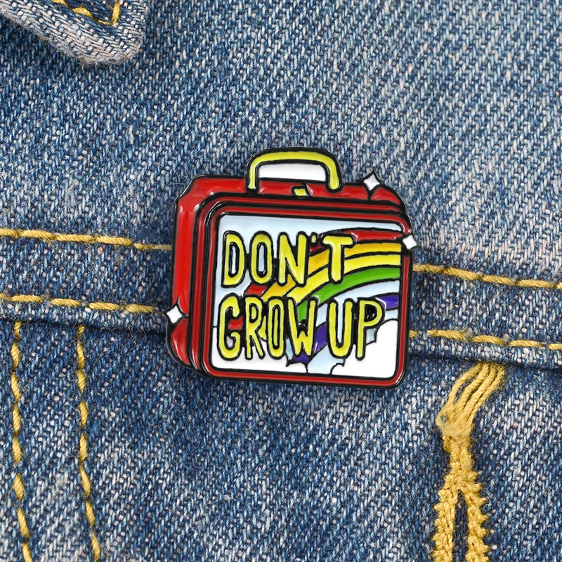

DON'T GROW UP Lunch Box Brooch Hard Fast Food Box Cute Cartoon Vintage red Rainbow suitcase Enamel brooch Pin jewelry Gifts