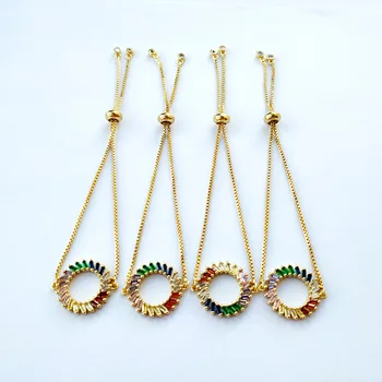 

5Pcs Circle Charm Bangle Pave Rainbow Cubic Zirconia Stone Round Crystal Chain jewelry bracelet for women girl gift BG297