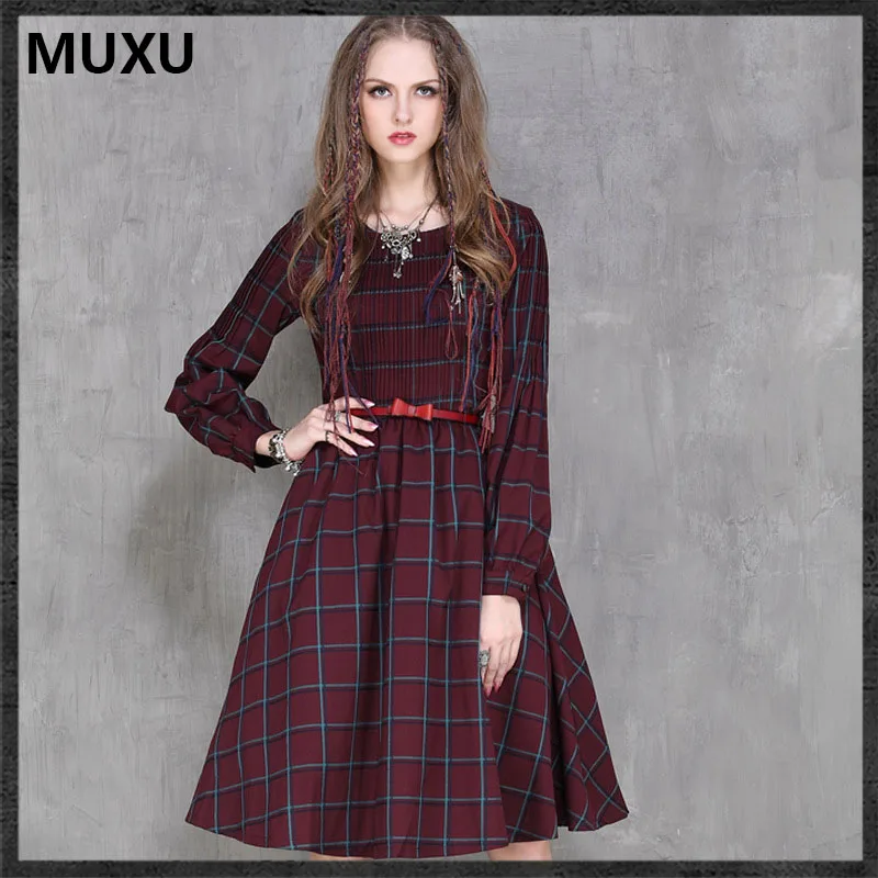 MUXU autumn dress sexy plaid vintage dress long sleeve font b women b font ropa mujer