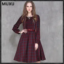 MUXU autumn dress sexy plaid vintage dress long sleeve women ropa mujer vetement femme red women