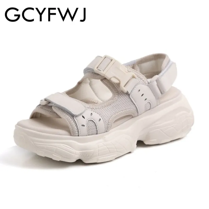 

GCYFWJ Women's Sandals Summer Magic Buckle Genuine Leather Platform Sandals Comfortable Non-slip Women Shoes Super Size 35-41