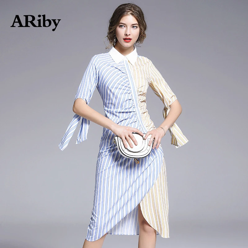 Women Dress Turn-down Collar Dress 2019 Summer New Office Lady Stripe Splice Printed Slimming Half Sleeve Shirt Pencil Dresses