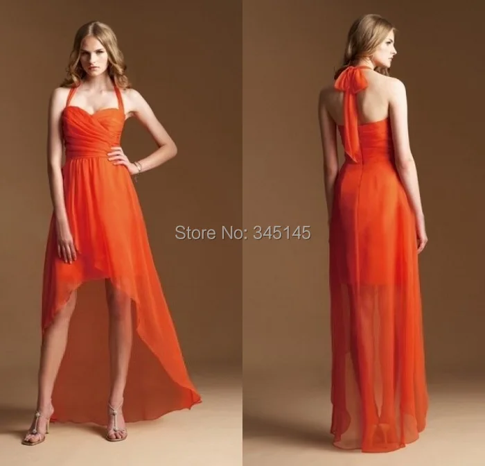 

Front Short Long Back A Line Halter High Low Bridesmaid Dresses Custom Made Any Color Or Size Orange Bridesmaid Dress 2017