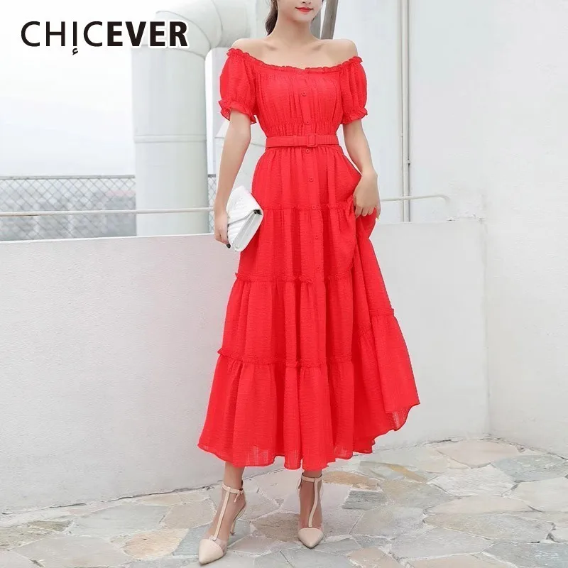 

CHICEVER Summer Elegant Solid Dress For Women Slash Neck Puff Sleeve High Waist Sashes Draped Hem A-line Midi The Dresses 2020