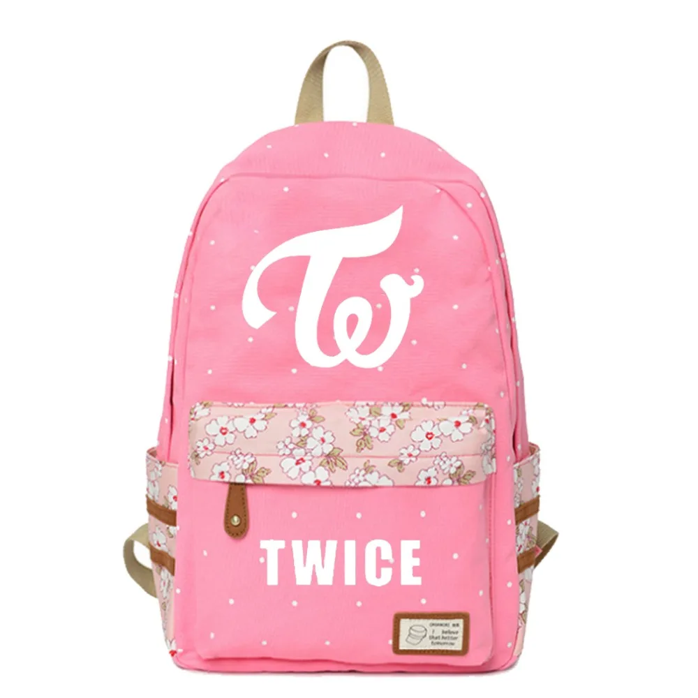 

WISHOT KPOP twice Backpack flowers shoulder Travel Bag for teenagers girls women Canvas dot school bag cute pink