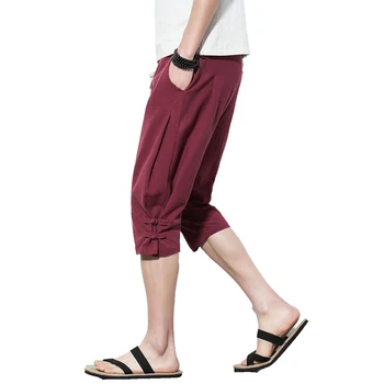 

2019 men's casual shorts beach shorts sports casual trend Korean Haren Little feet Pure color Flax cotton material men shorts