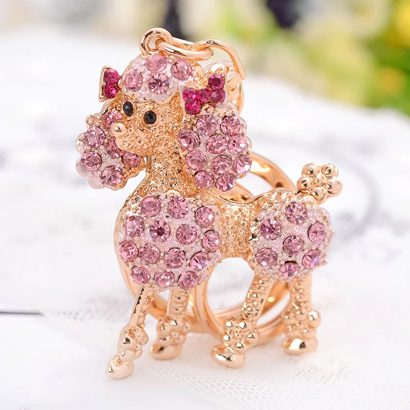 Lovely Fashion Pink Rhinestone Pet Dog Keychain New Poodle Key Chain for Car Ring Ornaments Pendant Woman Gifts Dropshipping | Украшения и
