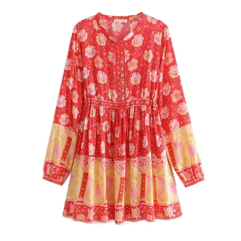 2019  Bohemian Lacing up Button O neck Location Floral print Dress Ethnic Woman Stream Tassel Long Sleeve Knee-length Dresses