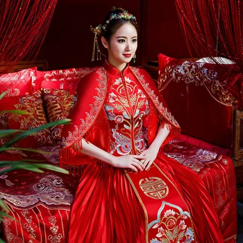 

Red Wedding Bride Chinese Style Cheongsam Traditional Lady Long Qipao Embroidery Women's Evening Dress marry Clothes S - XXL